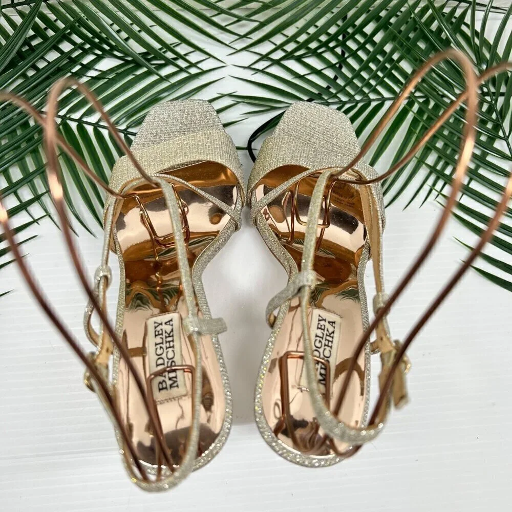 Badgley Mischka Ebiza Glitter Cross Strap Sandal Size 6 Silver Squared Open Toe